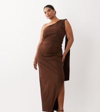 Tfnc Plus vestito lungo monospalla drappeggiato in bengalina color cioccolato-Marrone