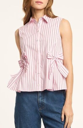 Cinq &agrave; Sept Jillian Stripe Bow Embellished Peplum Top in Cotton Candy/Crimson Plum at Nordstrom, Size Xx-Small