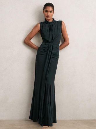 Reiss Daniella Teal Ruched Sleeveless Maxi Dress, 14, Dark Green