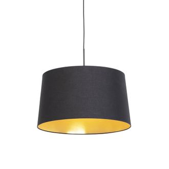 QAZQA Cl&aacute;sico/antiguo L&aacute;mpara Colgante Con Pantalla De Algod&oacute;n Negra Y Dorada 50 Cm - Combi Textil /acero Cil&iacute;ndra /alargada /redonda Adecuado Para Led Max.