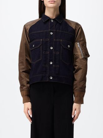 sacai Cropped Cotton Denim Jacket with Contrasting Nylon Inserts