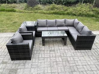 Fimous 8 Seater Rattan Corner Sofa Lounge Sofa Set With Rectangular Coffee Table Side Table Right Hand in Dark Grey