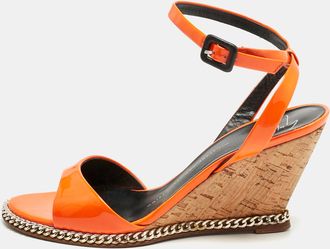 Giuseppe Zanotti Orange Patent Leather Ankle-Strap Chain Wedge Sandals