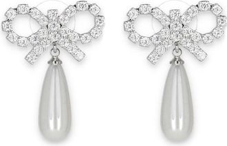 Self Portrait Silver Crystal Bow Pearl Teardrop Earrings