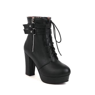 Generic Womens Chunky Platform Mid-Calf Boots with Gothic Details - Front Lace-Up, Side Zipper, Buckles,Black,7.5 UK