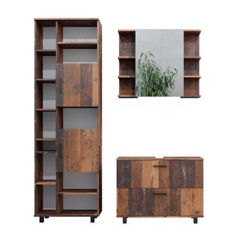 Vicco Conjunto De Muebles De Ba&ntilde;o Ilias, Roble R&uacute;stico, 3 Partes, Con Mueble Alto