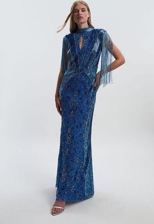 Karen Millen Womens Premium Embellished Tassel Sleeve Woven Maxi Dress - Blue - Size 6 UK