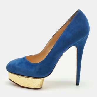 Charlotte Olympia Blue Suede Dolly Platform Pumps