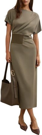 Reiss Etta Rib Detail Drape Dress in Khaki Green at Nordstrom, Size 12 Us
