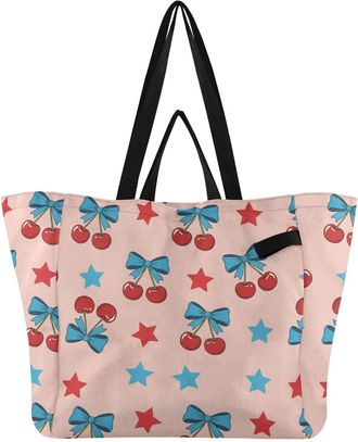 Generic Cute Cherries Bow Pink pattern Reusable Canvas Tote Bag, Heavy Duty Grocery Shopping Bag with Large Capacity Double Handles Hard Bottom Work Groceries