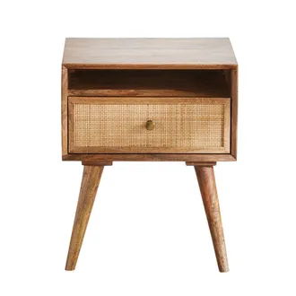 Maisons du monde Mesita de noche vintage con 1 caj&oacute;n y 1 hueco, de madera de mango y rat&aacute;n