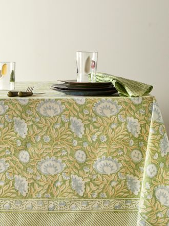 Chamois The Garden of Mathilde Block-Printed Cotton Rectangular Tablecloth