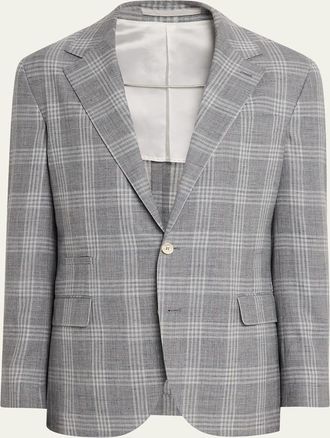 Brunello Cucinelli Mens Wool, Silk and Linen Plaid Single-Breasted Suit Jacket
