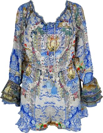 Camilla V-Neck Printed Romper in Multicolor Silk