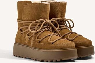 Oysho Stivaletti in pelle combinata marrone tostato con plateau e linguetta