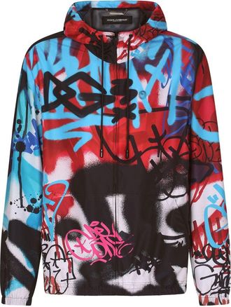 Dolce & Gabbana graffiti-print hooded rain jacket - men - Polyester/Nylon - 50 - Black