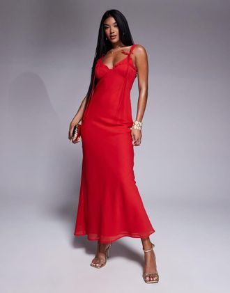 Asos tie detail corset bias cut maxi dress with frills in red