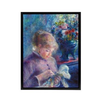 Artery8 Young Woman Sewing Renoir Vintage Black Framed Canvas Wall Art in Blue | Size: W24 x H32