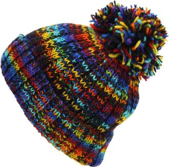 Loud Elephant Hand Knitted Wool Beanie Bobble Hat - SD Black Rainbow