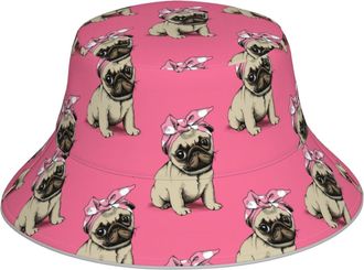 Generic Bucket Hat Girl Puppy Pug Wearing Pink Headband Reversible Bucket Hat Men Summer Cap Unisex Beach Sun Hats, for Activities, Travel, 56-58 Cm