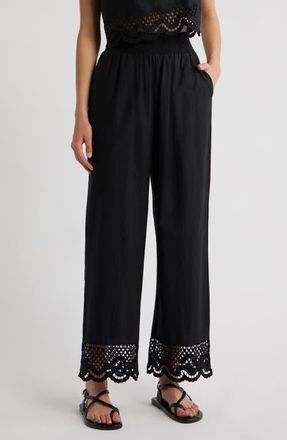 Rails Henrik Smocked Waist Lace Trim Cotton Wide Leg Pants in Black at Nordstrom, Size Small