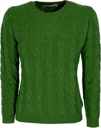 Cashmere Company Groene Cashmere en Wol Gevlochten Crewneck Trui - Dames - Ronde hals truien - Groen - S - Wol - Truien & Vesten