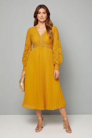Wallis Womens Lace Pleated Skirt Midi Dress - Yellow - Size 18 UK