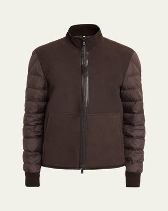 Moncler Mens Leather and Polyester Hybrid Full-Zip Jacket