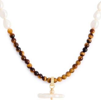 Sandralexandra Pearl T-bar and Stone 18kt Gold-plated Necklace - Brown - One Size