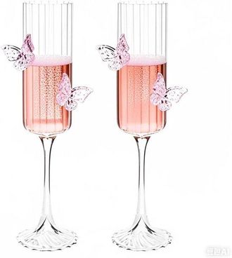 OEM 2 Copas De Champ&aacute;n 3d Con Decoraci&oacute;n De Mariposa, Decoraci&oacute;n De Mariposa Rosa, Copa De Vino A Rayas, 4,3 X 24,3 Cm, Bares, Rosa Transparente