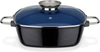 GSW Ceramica Kobaltblau Rostiera Extra Alta con Coperchio in Vetro, pomello Aroma, 28 x 28 x 8,5 cm, 5 l, Acciaio Inossidabile, Blu, 28 cm