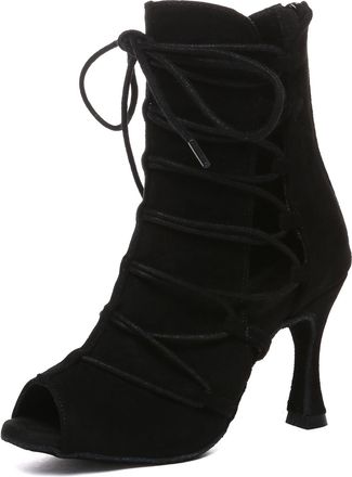 Minitoo Ladies Ballroom Salsa Latin Dance Shoes Sexy Prom Evening Ankle Sandal Boots L614 Black 9cm Heel UK 3.5