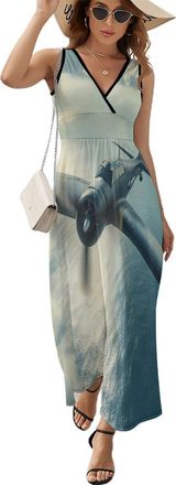 Generic Airplane Aviation Women Dresses Print Maxi Dress Casual Long Beach Sundress M