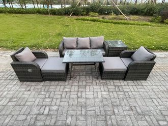 Fimous Outdoor Garden Furniture Sets 7 Pieces Wicker Rattan Furniture Sofa Sets with Rectangular Dining Table 2 Big Footstool in Dark Grey