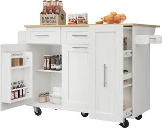 STILVORA Carro De Cocina Con Encimera Abatible Y Almacenaje Extensible Con Ruedas Con Freno En Mdf 110 X 46 X 90,5 Cm Blanco