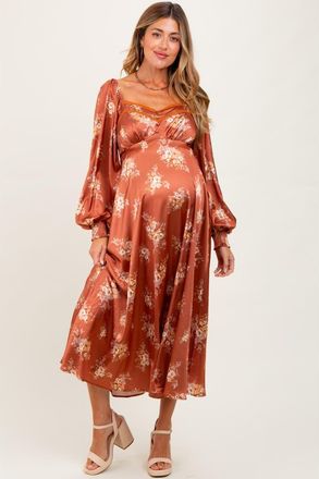 Pinkblush Satin Floral Bubble Sleeve Midi Dress in Rust at Nordstrom, Size Medium
