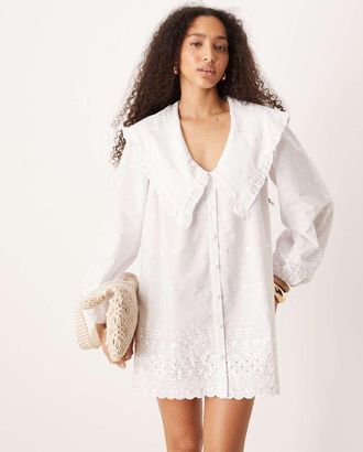 Asos Vestito corto stile camicia a maniche lunghe bianco con colletto oversize