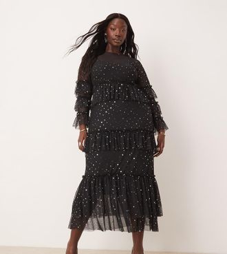 Never Fully Dressed Plus star print mesh midaxi dress in black