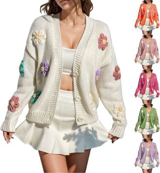 Generic Cardigan Womens Elegant Long Sleeve Knitted Cropped Pullover with Flowers Knitted Jumper Y2k Sweater Thin Jacket Jumper Button Placket Cardigan V-Neck