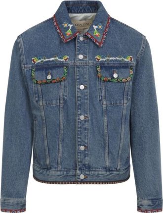 Valentino Denim Jacket met Kralen Borduurwerk en Bedrukte Randen - Heren - Spijkerjassen - Blauw - XL - Denim - Jassen
