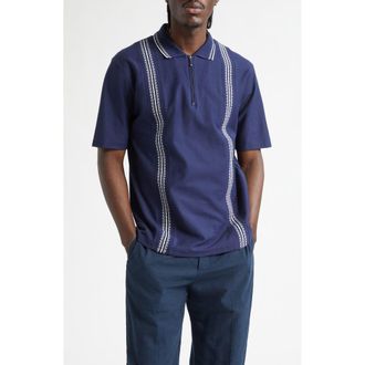 Palmes Stripe Jacquard Trim Zip Polo in Navy at Nordstrom, Size X-Large