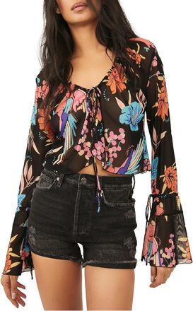 Free People Of Paradise Top Women Black Floral Sheer V-Neck Bell Sleeve JZZ191