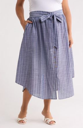 Renee C Stripe Tie Waist Linen Blend Midi Skirt in Denim at Nordstrom Rack, Size 1 X