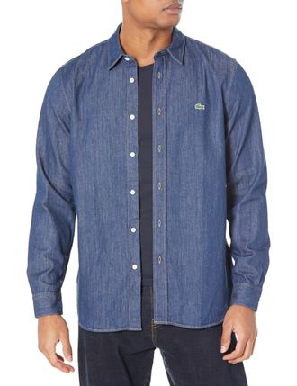 Lacoste Mens Long Sleeve Button Down Denim Shirt, Rinse, M