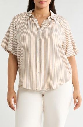 Max Studio Stripe Bubble Sleeve Button-Up Shirt in Carmel/Black Framed Stripe at Nordstrom Rack, Size 2X