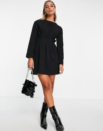 Asos nipped in waist long sleeve mini dress in black