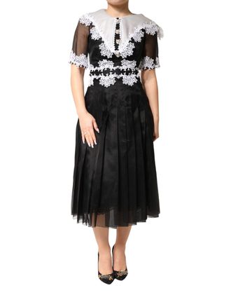 Dolce & Gabbana Black White Silk Macrame Lace Midi Womens Dress