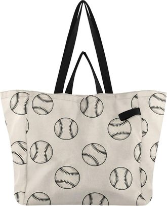 Generic Baseball Gray pattern Reusable Canvas Tote Bag, Heavy Duty Grocery Shopping Bag with Hard Bottom Double Handles Large Capacity Work Groceries Travel