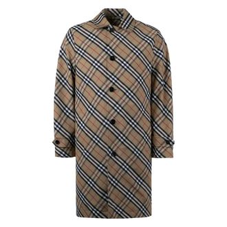 Burberry Single-Breasted Coats, male, Beige, Size: XL Checked Car Coat with Back Slit