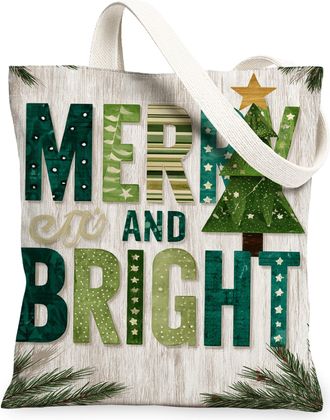 Generic Christmas Tree Canvas Tote Bags, Holiday Floral Design Reusable Grocery Bags, Lightweight Washable Shoulder Strap for Trave, Green, 13x15 Inch